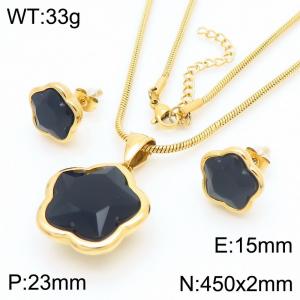 European and American fashion personality stainless steel flower inlaid black agate accessories charm gold earrings&necklace 2-piece set - KS221818-KFC