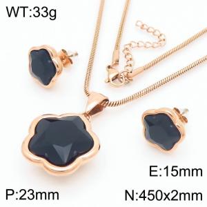 European and American fashion personality stainless steel flower inlaid black agate accessories charm rose gold earrings&necklace 2-piece set - KS221819-KFC