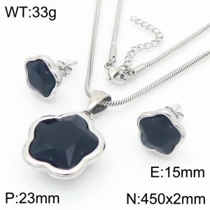 European and American fashion personality stainless steel flower inlaid black agate accessories charm silver earrings&necklace 2-piece set - KS221820-KFC