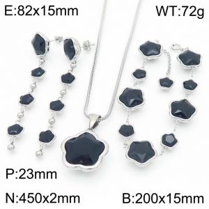 European and American fashion personality stainless steel flower inlaid black agate accessories charm silver tassel earrings&bracelets&necklaces 3-piece set - KS221821-KFC