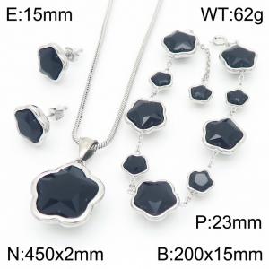 European and American fashion personality stainless steel flower inlaid black agate accessories charm silver earrings&bracelets&necklaces 3-piece set - KS221822-KFC