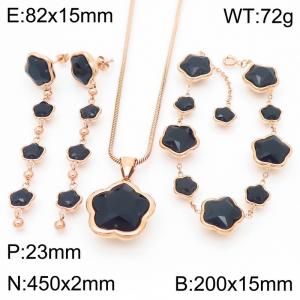 European and American fashion personality stainless steel flower inlaid black agate accessories charm rose gold tassel earrings&bracelets&necklaces 3-piece set - KS221823-KFC