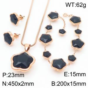 European and American fashion personality stainless steel flower inlaid black agate accessories charm rose gold earrings&bracelets&necklaces 3-piece set - KS221824-KFC