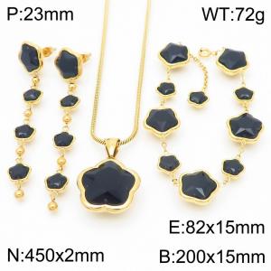 European and American fashion personality stainless steel flower inlaid black agate accessories charm gold tassel earrings&bracelets&necklaces 3-piece set - KS221825-KFC