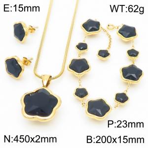 European and American fashion personality stainless steel flower inlaid black agate accessories charm gold earrings&bracelets&necklaces 3-piece set - KS221826-KFC