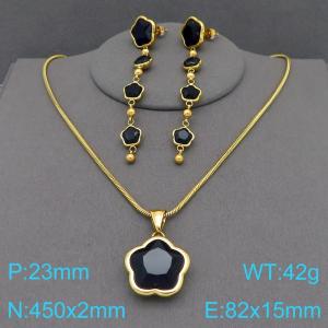 European and American fashion personality stainless steel flower inlaid black agate accessories charm gold tassel earrings&necklace 2-piece set - KS221827-KFC