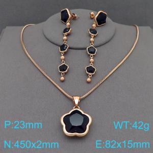 European and American fashion personality stainless steel flower inlaid black agate accessories charm rose gold tassel earrings&necklace 2-piece set - KS221829-KFC