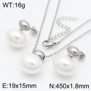 European and American fashion personality stainless steel thin O-chain hanging pearl geometric accessories charm silver earrings&necklace 2-piece set - KS221845-GC