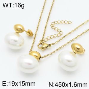 European and American fashion personality stainless steel thin O-chain hanging pearl geometric accessories charm gold earrings&necklace 2-piece set - KS221846-GC