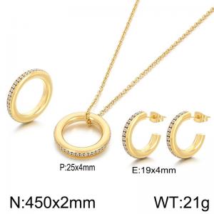 Cross border fashion personality with diamond studded C-shaped pendant set ins temperament layered chain titanium steel necklace earrings ring - KS221849-K