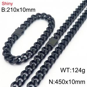 Fashionable and minimalist stainless steel Cuban chain double ear buckle 10mm black polished bracelet necklace two-piece set - KS221943-Z