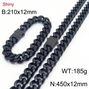 Fashionable and minimalist stainless steel Cuban chain double ear buckle 12mm black polished bracelet necklace two-piece set - KS221950-Z