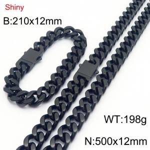 Fashionable and minimalist stainless steel Cuban chain double ear buckle 12mm black polished bracelet necklace two-piece set - KS221951-Z