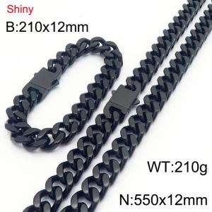 Fashionable and minimalist stainless steel Cuban chain double ear buckle 12mm black polished bracelet necklace two-piece set - KS221952-Z