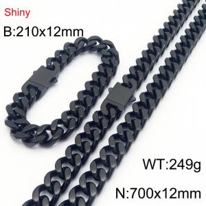 Fashionable and minimalist stainless steel Cuban chain double ear buckle 12mm black polished bracelet necklace two-piece set - KS221955-Z