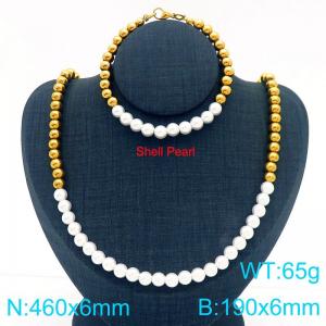 Fashion and personalized stainless steel bead+pearl splicing bracelet necklace two-piece set - KS222024-Z