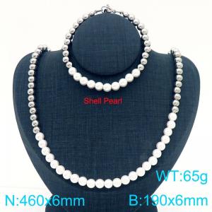 Fashion and personalized stainless steel bead+pearl splicing bracelet necklace two-piece set - KS222025-Z