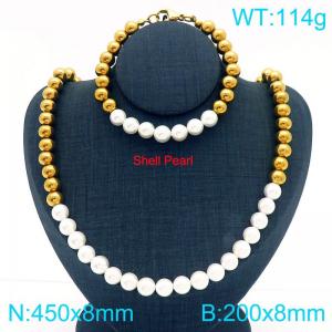 Fashion and personalized stainless steel bead+pearl splicing bracelet necklace two-piece set - KS222026-Z