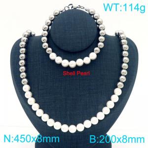 Fashion and personalized stainless steel bead+pearl splicing bracelet necklace two-piece set - KS222027-Z