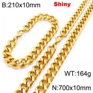 Fashionable and minimalist stainless steel gold-plated Cuban chain 10mm lobster buckle polished bracelet necklace two-piece set - KS222075-Z