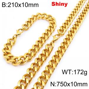 Fashionable and minimalist stainless steel gold-plated Cuban chain 10mm lobster buckle polished bracelet necklace two-piece set - KS222076-Z