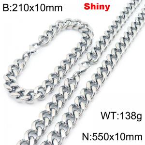 Fashionable and minimalist stainless steel Cuban chain 10mm lobster buckle polished bracelet necklace two-piece set - KS222079-Z