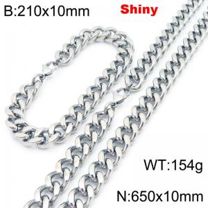 Fashionable and minimalist stainless steel Cuban chain 10mm lobster buckle polished bracelet necklace two-piece set - KS222081-Z