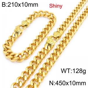 Fashionable and minimalist stainless steel gold-plated Cuban chain 10mm patterned buckle polished bracelet necklace two-piece set - KS222106-Z