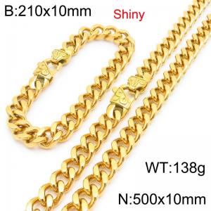 Fashionable and minimalist stainless steel gold-plated Cuban chain 10mm patterned buckle polished bracelet necklace two-piece set - KS222107-Z