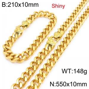 Fashionable and minimalist stainless steel gold-plated Cuban chain 10mm patterned buckle polished bracelet necklace two-piece set - KS222108-Z