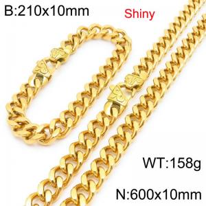 Fashionable and minimalist stainless steel gold-plated Cuban chain 10mm patterned buckle polished bracelet necklace two-piece set - KS222109-Z