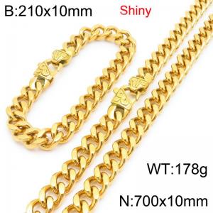 Fashionable and minimalist stainless steel gold-plated Cuban chain 10mm patterned buckle polished bracelet necklace two-piece set - KS222111-Z