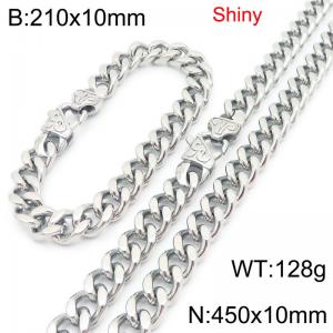 Fashionable and minimalist stainless steel Cuban chain 10mm patterned buckle polished bracelet necklace two-piece set - KS222113-Z