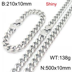 Fashionable and minimalist stainless steel Cuban chain 10mm patterned buckle polished bracelet necklace two-piece set - KS222114-Z