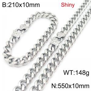 Fashionable and minimalist stainless steel Cuban chain 10mm patterned buckle polished bracelet necklace two-piece set - KS222115-Z