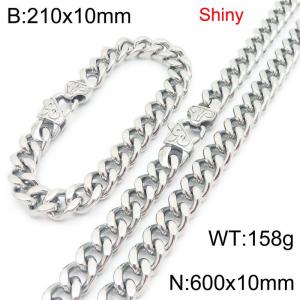 Fashionable and minimalist stainless steel Cuban chain 10mm patterned buckle polished bracelet necklace two-piece set - KS222116-Z