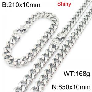 Fashionable and minimalist stainless steel Cuban chain 10mm patterned buckle polished bracelet necklace two-piece set - KS222117-Z