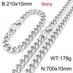 Fashionable and minimalist stainless steel Cuban chain 10mm patterned buckle polished bracelet necklace two-piece set - KS222118-Z