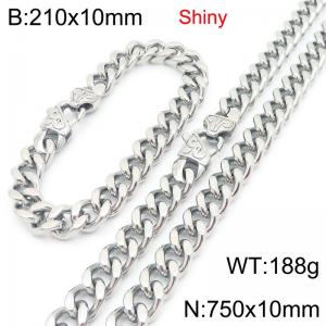 Fashionable and minimalist stainless steel Cuban chain 10mm patterned buckle polished bracelet necklace two-piece set - KS222119-Z