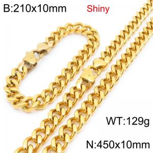 Fashionable and minimalist stainless steel gold-plated Cuban chain 10mm Japanese buckle polished bracelet necklace two-piece set - KS222120-Z