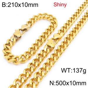 Fashionable and minimalist stainless steel gold-plated Cuban chain 10mm Japanese buckle polished bracelet necklace two-piece set - KS222121-Z