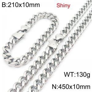 Fashionable and minimalist stainless steel Cuban chain 10mm Japanese buckle polished bracelet necklace two-piece set - KS222127-Z