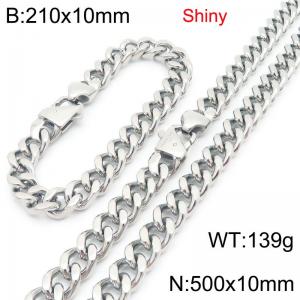 Fashionable and minimalist stainless steel Cuban chain 10mm Japanese buckle polished bracelet necklace two-piece set - KS222128-Z