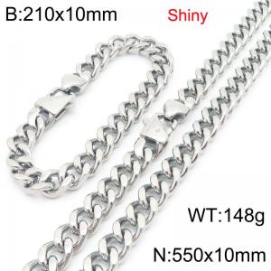 Fashionable and minimalist stainless steel Cuban chain 10mm Japanese buckle polished bracelet necklace two-piece set - KS222129-Z