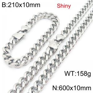 Fashionable and minimalist stainless steel Cuban chain 10mm Japanese buckle polished bracelet necklace two-piece set - KS222130-Z