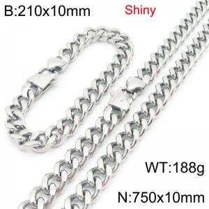 Fashionable and minimalist stainless steel Cuban chain 10mm Japanese buckle polished bracelet necklace two-piece set - KS222133-Z