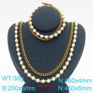 Fashionable and personalized stainless steel bead+pearl splicing Cuban chain double-layer bracelet necklace two-piece set - KS222134-Z