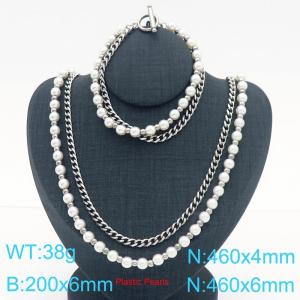 Fashionable and personalized stainless steel bead+pearl splicing Cuban chain double-layer bracelet necklace two-piece set - KS222135-Z