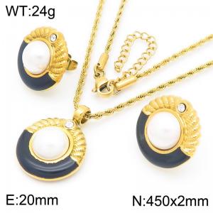 Round Shell Beads Pendant Jewelrry Sets  for Women Gold Color Stainless Steel Necklace Earrings - KS222159-GC