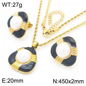 Shell Beads Triangle Pendant Jewelry Sets For Women Gold Color Stainless Steel Earring Necklace - KS222163-GC